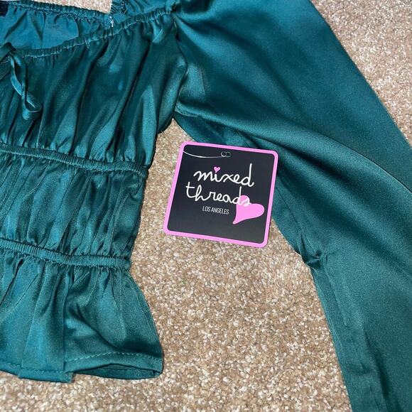Mixed Threads blouse top Long Sleeve Textured Satin Emarald green puff sleeve SM - Picture 10 of 11